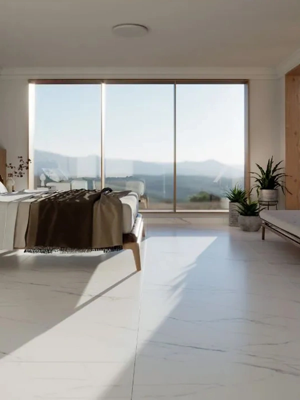 revestimento cinza nno piso do quarto de casal