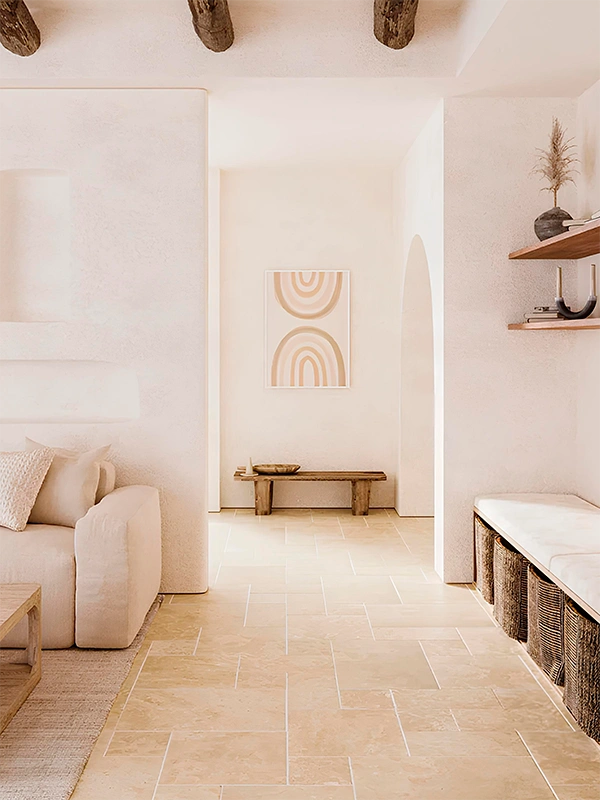 tons terroso no ambiente com porcelanato travertino