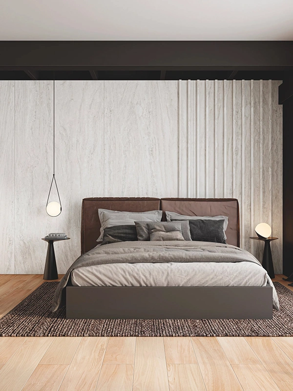 nichos do porcelanato travetino aplicado na parede da cama de casal com efeito marmorizado