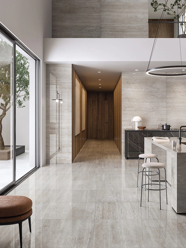 superficie do travertino polida com cores cinza