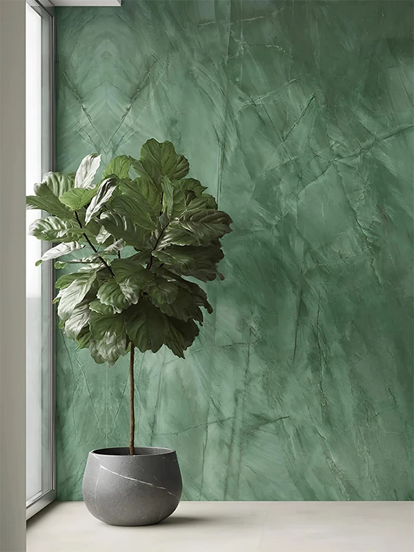 Porcelanato Verde: Revestimento que tem Vida, Natureza e Frescor! Dicas e Projetos +31 Fotos 104 Mostrando a intensidade da cor verde aplicado na parede, esse porcelanato tem veios marmorizado