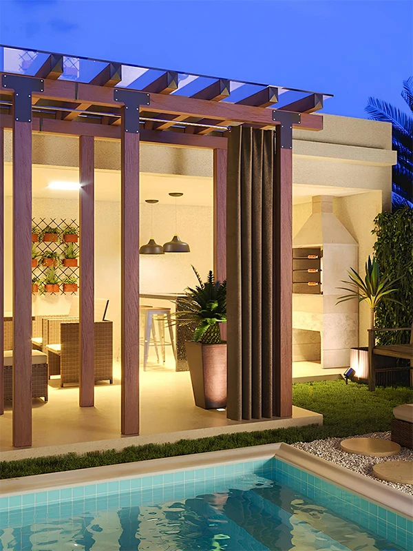 área gourmet com pergolado e piscina 