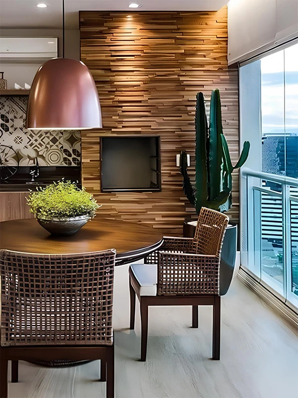 plantas e cactos na área gourmet com revestimento de porcelanato