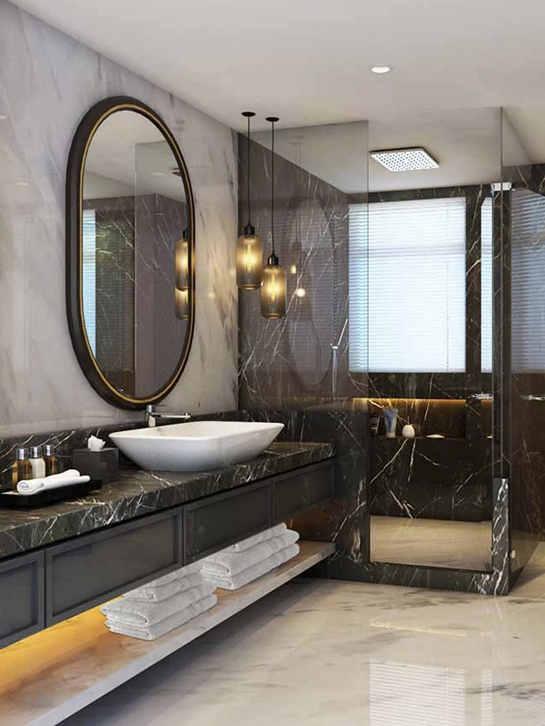 Banheiro com porcelanato marmorizado preto