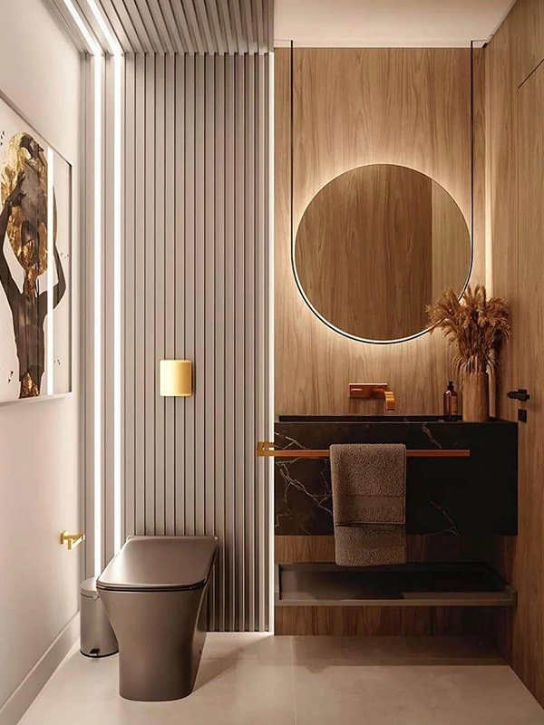 Porcelanato ripado na parede do banheiro