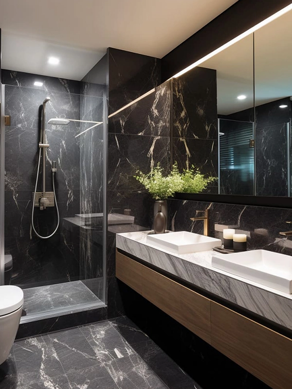 Personalizando com cores escuras para deixa um projeto de banheiro luxuoso