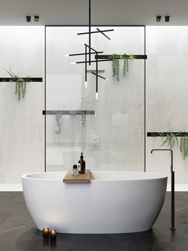 banheiro com porcelanato e banheira de imersão 