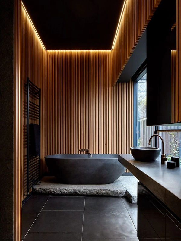 painel ripado de madeira para banheiro de luxo