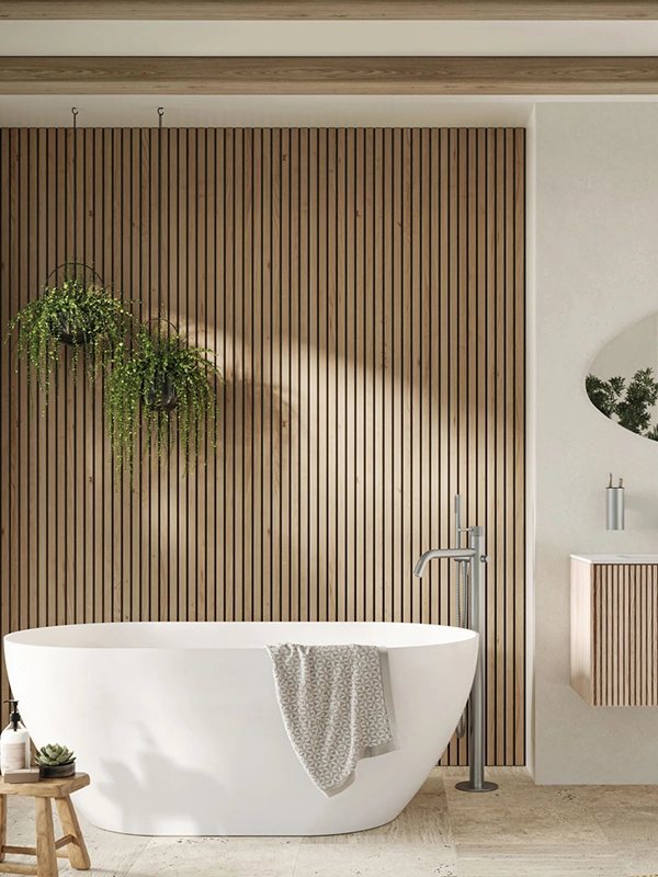 Ripado de madeira para banheiro clean e com decoração moderna