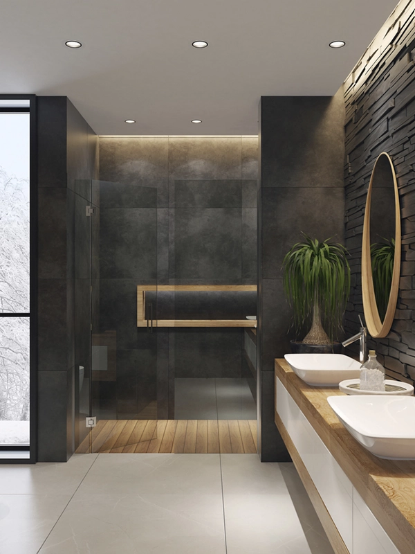 conjunto de revestimento para banheiro de cores escuras