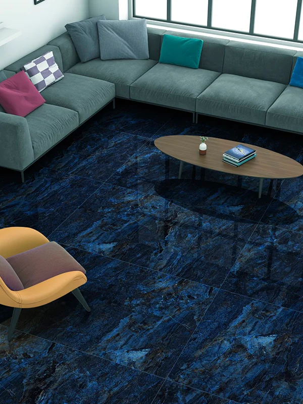 sala de estar com porcelanato azul aplicado no piso com toque marmorizado