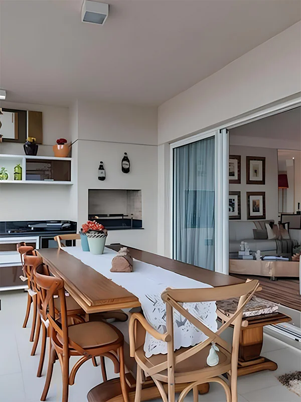 móveis que complementam a decoração da varanda, um espaço goumet completo que integra na sala de estar