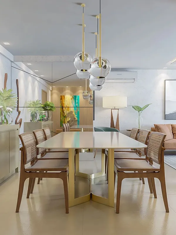 visual ecologico na sala de jantar com móveis modernos e mesa de vidro