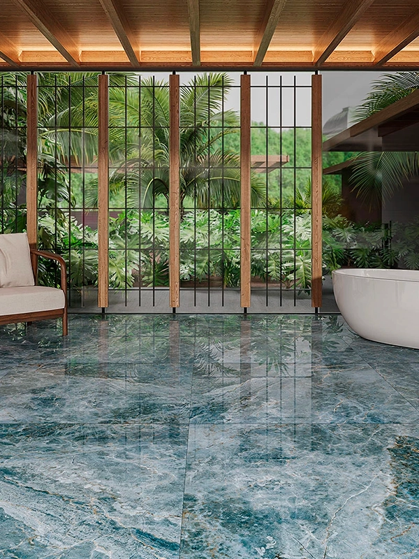 Porcelanato azul aplicado no banheiro 