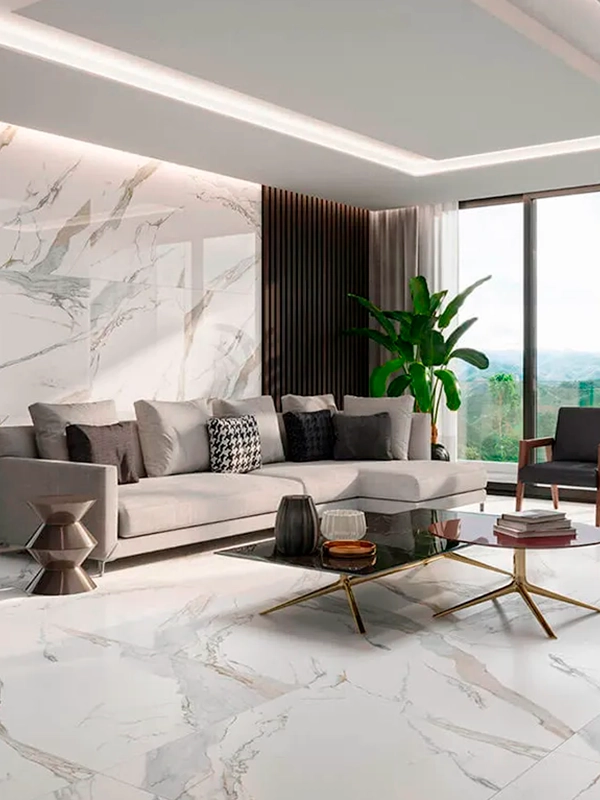 sala com porcelanato na parede e piso