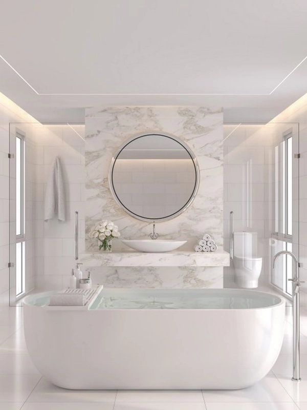 Banheiro moderno e bem iluminado com grande espelho circular, paredes em revestimento branco de mármore e elegante banheira independente com água.