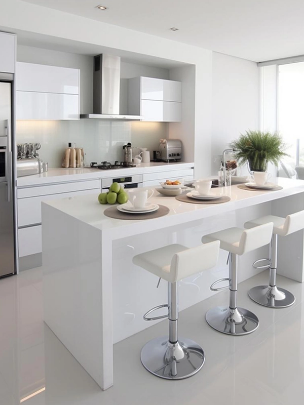 Cozinha branca moderna com balcão, bancos de bar e eletrodomésticos embutidos. Design luminoso e minimalista com revestimento branco.