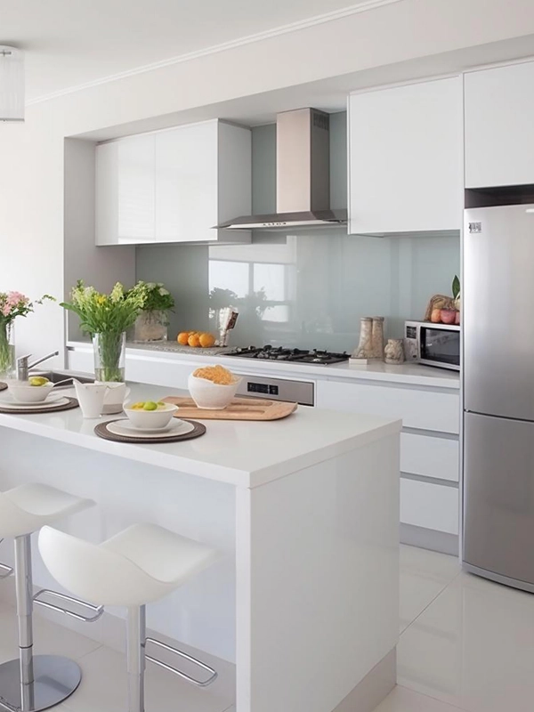 Cozinha moderna com armários brancos, eletrodomésticos em inox e ilha central com revestimento branco e duas banquetas altas.