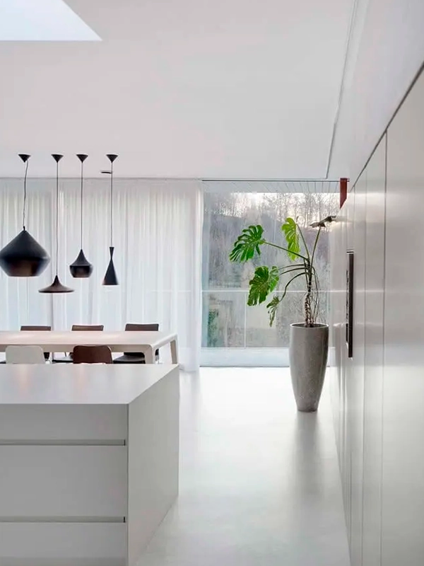 Uma cozinha moderna e minimalista com armários brancos, uma ilha elegante, luminárias suspensas pretas suspensas e uma planta grande em um vaso alto cinza perto de uma janela com cortinas transparentes.