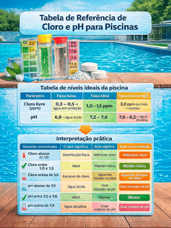Tabela de referencia de cloro e pH
