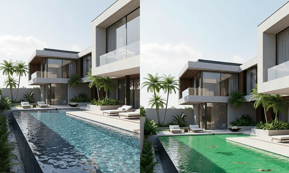 Casa moderna com grandes janelas e varandas ao lado de uma longa piscina externa, mostrada em duas versões: uma com água azul e outra com água verde, cercada por palmeiras e espreguiçadeiras.