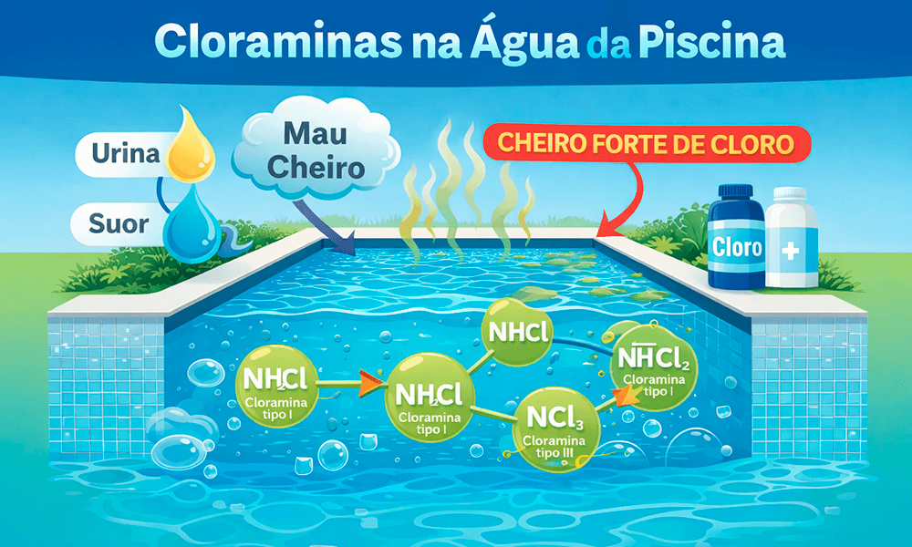Diagrama que explica como a urina e o suor reagem com o cloro na água da piscina para formar cloraminas, causando forte odor de cloro e mau cheiro.
