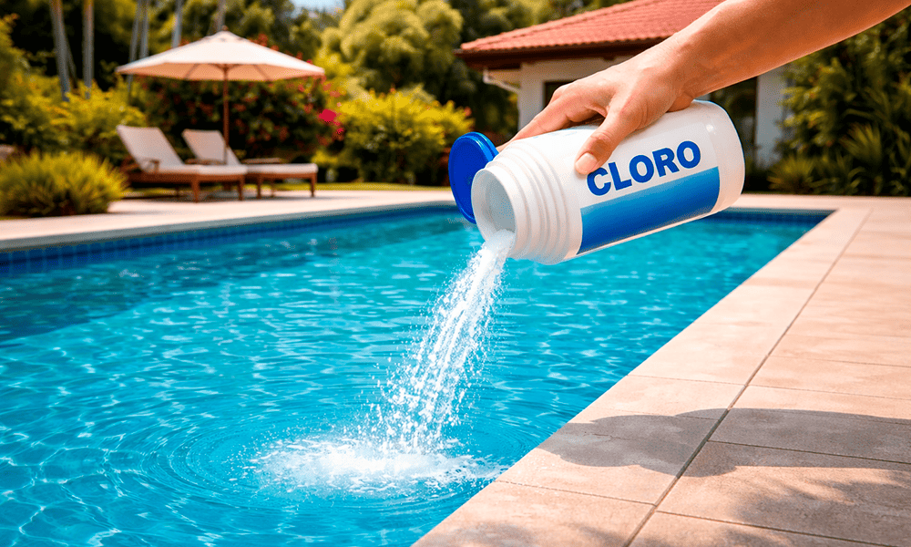 Qual o Melhor Horário para Aplicar Cloro na piscina? Guia de Economia e Eficiência 3 pessoa aplicandocloro na piscina