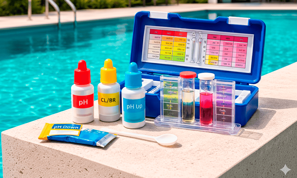 Kit de teste de água de piscina com garrafas, tubos de ensaio, uma tabela de cores, um pacote de redução de pH e uma colher colocados em uma borda ao lado de uma piscina.