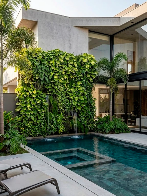 planta giboia na parede da piscina