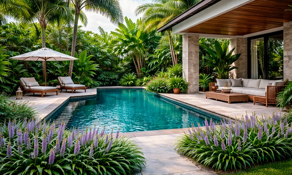 liriope na area da piscina