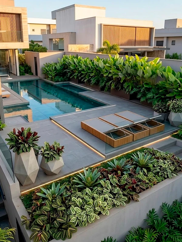 maranta no projeto paisagistico da piscina com revestimentos de porcelanato