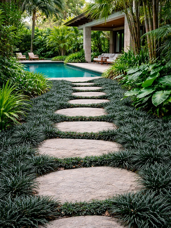 grama preta no caminho de pedras da area externa com piscina