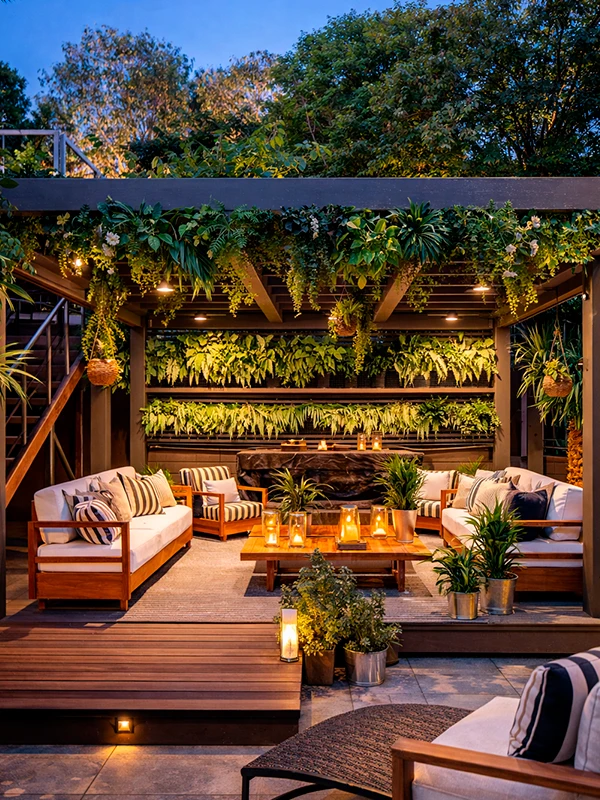 pátio externo com pérgola de madeira, plantas verdes exuberantes, assentos confortáveis e almofadados, travesseiros listrados e velas acesas nas mesas, criando uma atmosfera noturna aconchegante.
