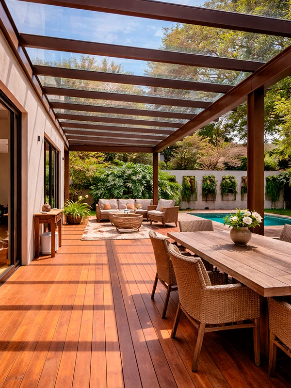 Uma area externa coberta com vidro e deck de madeira, móveis de vime, uma mesa de jantar, espreguiçadeiras e vasos de plantas forma uma convidativa área de lazer com pergolado, com vista para um jardim exuberante e uma piscina.