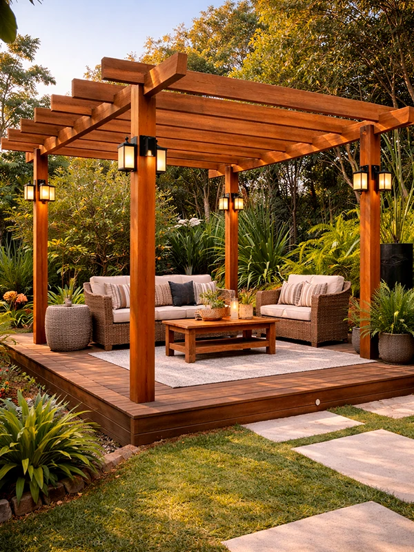 Uma pérgola de madeira com lanternas penduradas cobre uma convidativa área de estar ao ar livre - uma Área de Lazer com Pergolado - com móveis de vime, uma mesa de centro e uma vegetação exuberante ao redor.