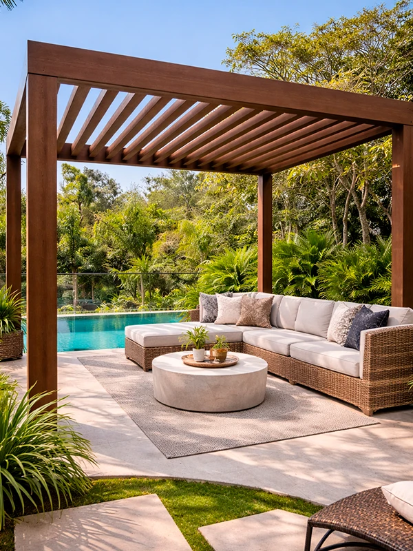 Uma moderna área de lazer com pergolado que apresenta uma pérgola de madeira, sofá seccional de vime, mesa de centro redonda e uma piscina ao fundo cercada por uma vegetação exuberante.