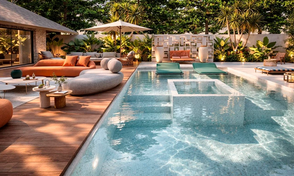 Moderna área de piscina externa com águas claras, espreguiçadeiras elegantes, assentos e vegetação exuberante, com deck de madeira e decoração contemporânea sob luz solar natural, complementada por elegantes plantas para piscina.