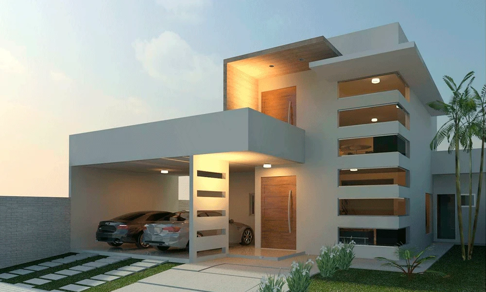 Casa moderna de dois andares com telhado plano, janelas grandes, detalhes em madeira, garagem coberta para dois carros com piso de porcelanato para garagem e paisagismo mínimo na frente.