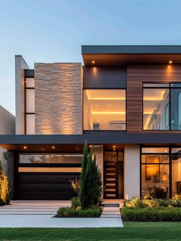 Casa moderna de dois andares com janelas grandes, fachada de pedra e madeira, telhado plano, pátio da frente com paisagismo ao entardecer e porcelanato elegante para garagem, realçando a aparência elegante da entrada.