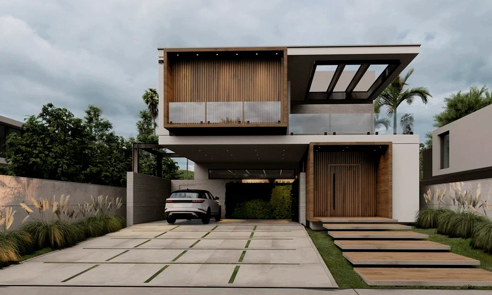 Casa moderna de dois andares com detalhes em madeira e vidro, um carro estacionado na entrada da garagem com um elegante porcelanato para garagem e um pátio frontal ajardinado com gramas ornamentais.