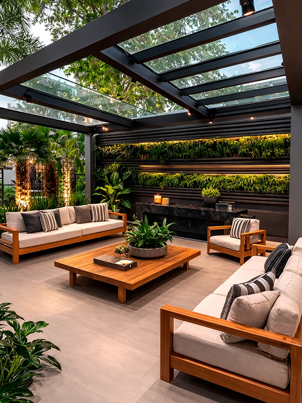 pergolado de aluminio moderno com móveis de madeira, almofadas neutras, teto de vidro pergolado, parede de jardim vertical, vasos de plantas e iluminação ambiente cria uma área de lazer elegante para relaxar ou se divertir.