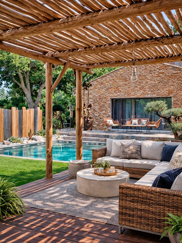 area de lazer externa com móveis de vime e uma mesa redonda sob uma pérgola de madeira, com vista para uma piscina e uma casa de tijolos com janelas grandes.