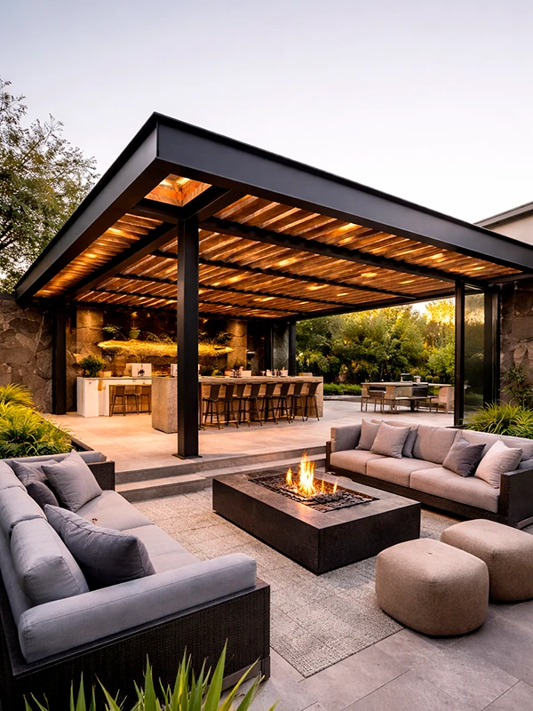 Área de Lazer com Pergolado, com uma área de estar coberta, bar, sofás, fogueira e vegetação ao redor ao anoitecer.