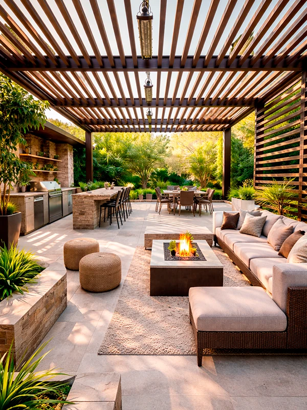 pergolado de madeira na area de lazer com sofa e fogueira