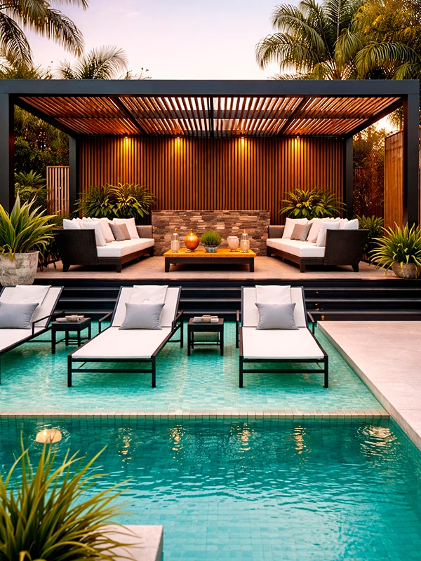 A moderna área de lounge ao ar livre - uma Área de Lazer com Pergolado - apresenta assentos brancos almofadados sob uma pérgola, luzes quentes e uma piscina turquesa com espreguiçadeiras.