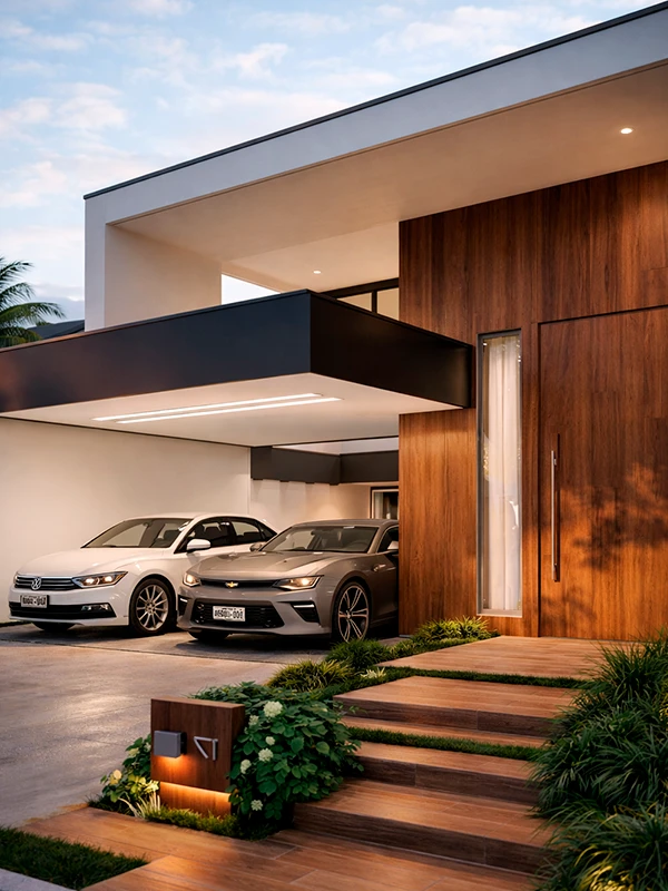 porcelanato amadeirado na entrada da garagem