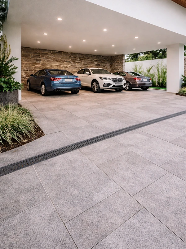 Três carros são estacionados lado a lado em uma entrada de garagem moderna e coberta, com piso de porcelanato para garagem e luzes embutidas no teto.