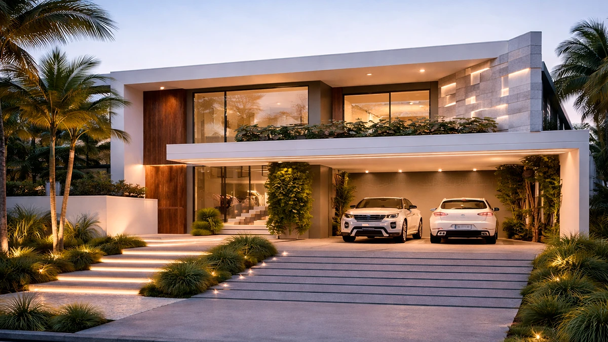 Casa moderna, dois carros brancos estacionados em uma entrada de garagem coberta com porcelanato para garagem, cercada por palmeiras e paisagismo iluminado.